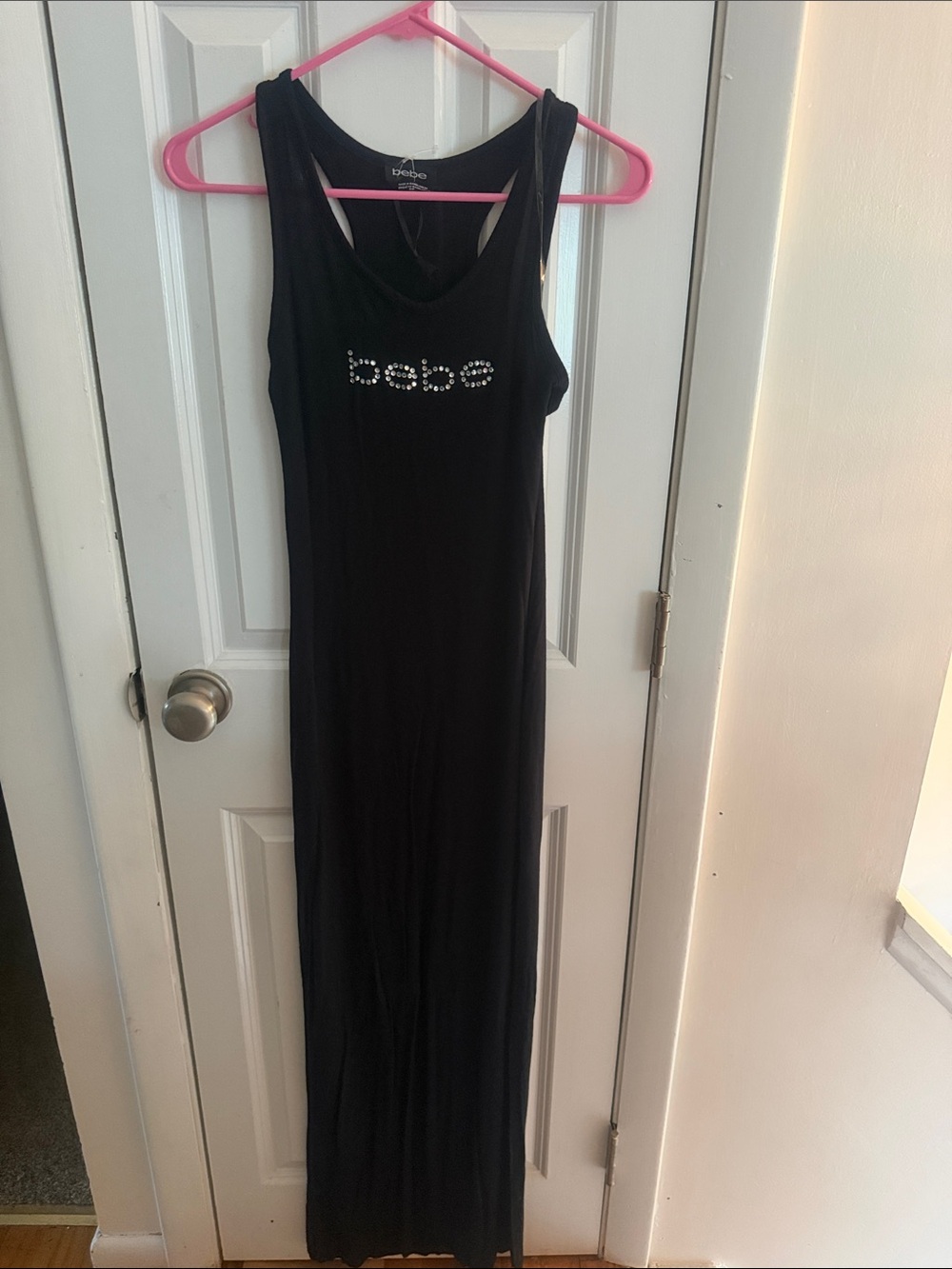 Bebe XS Black Maxi Dress Rhinestone Logo Sleeveless Racerback
